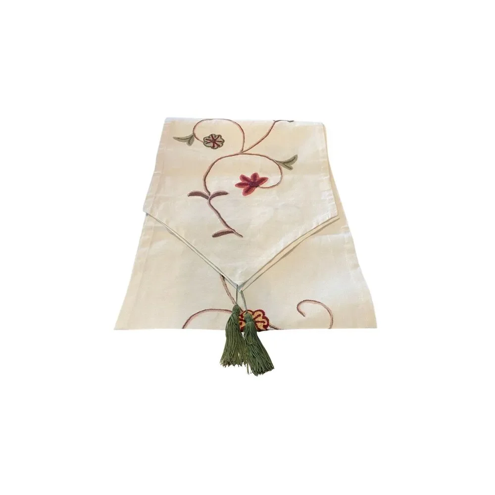 VTG Ethomes Japan Taro Home Handiwork Linen Table Runner Tassels 16x87